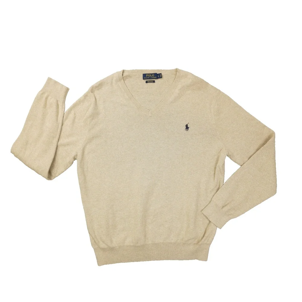 Polo Ralph Lauren Mens Large Beige Pima Cotton V Neck Sweater Pullover Logo